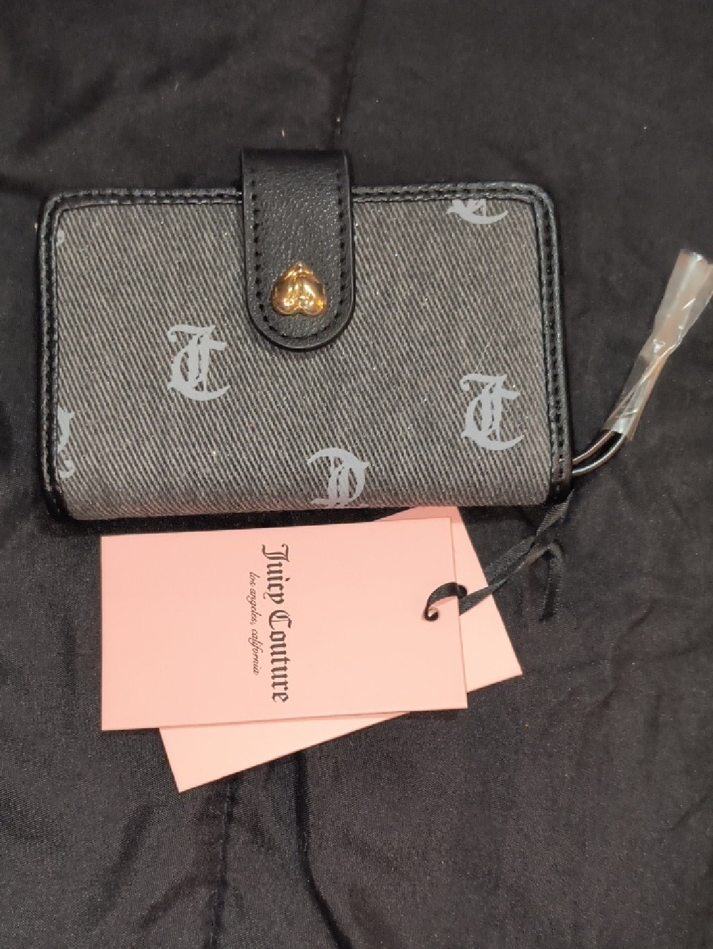Juicy Couture Black Logo Card Wallet with Gold Heart Snap
